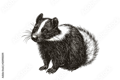 Vintage art, hand-drawn skunk illustration, trendy wildlife vector, forest animal print design, black sketch, antique style, nocturnal, old engraving background.