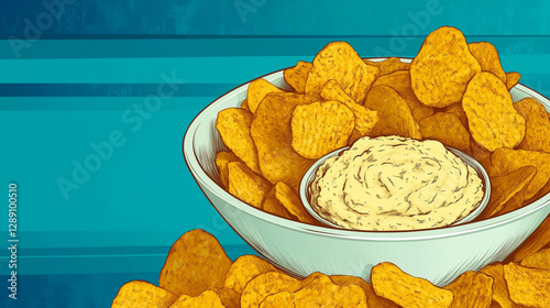 A vibrant pop-art inspired poster of chips and dip, bold outlines, retro comic book aesthetic, bright color palette, commercial use with copy space