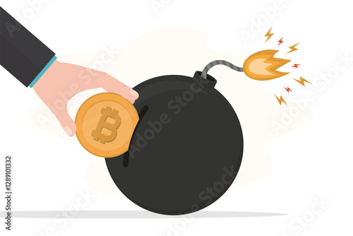 Businessman hand inserts bitcoin into bomb with burning fuse. High volatility of the crypto market. High-risk investment, trader money management. Blockchain technology