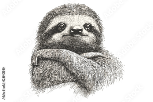 Black sketch sloth, hand-drawn vintage art, old engraving style, animal print, trendy illustration, white background, nature-inspired design, wildlife sketch.