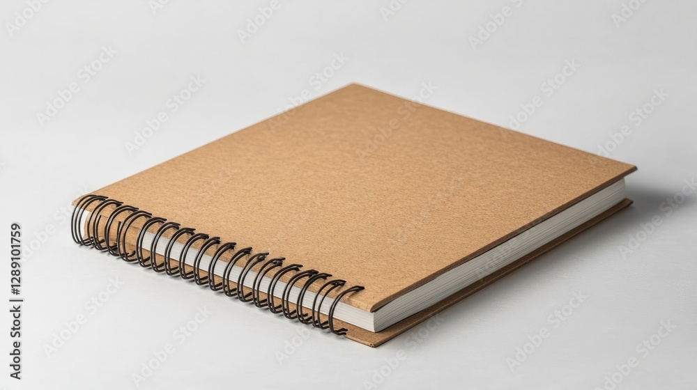 A light brown spiral-bound notebook with sharp corners resting on a white background