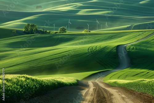 Lush green rolling hills with wind turbines at sunset