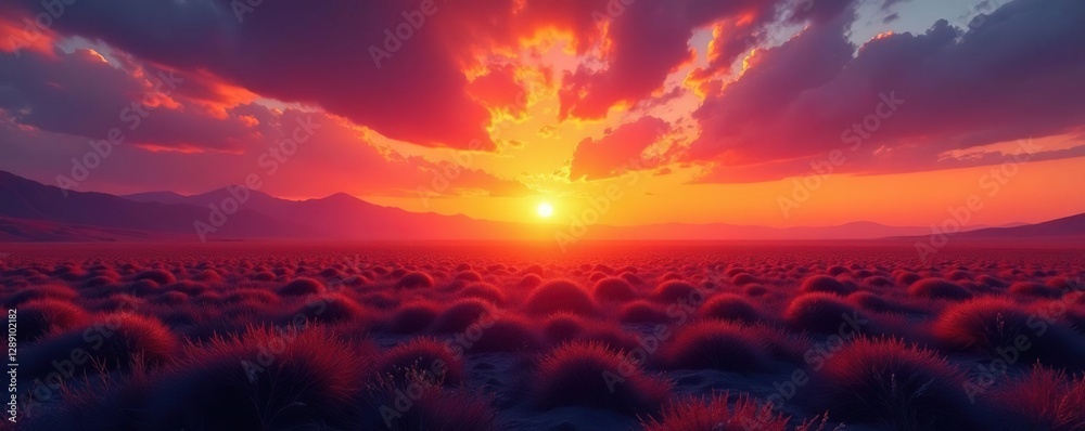Fototapeta premium Sunset over a vast open space with orange hues blending into deep blues and purples, orange, nature, vast