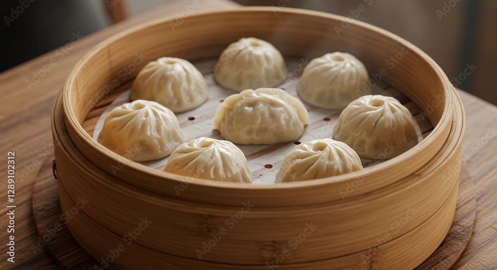 Steaming Xiaolongbao Soup Dumplings in Bamboo Steamer Ready to Eat Steaming Xiaolongbao Soup Dumplings in Bamboo Steamer Ready to Eat