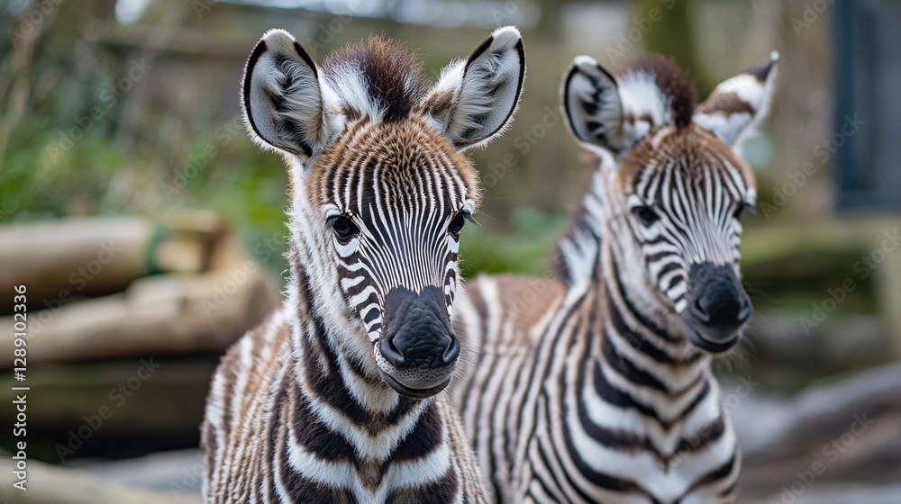 Fototapeta premium Two zebras posing side by side, highlighting their stripes and unique bond