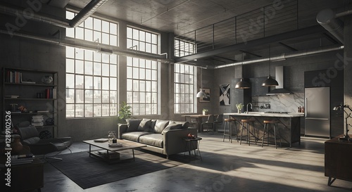 Modern Loft Apartment Interior with Concrete Walls and City View Windows