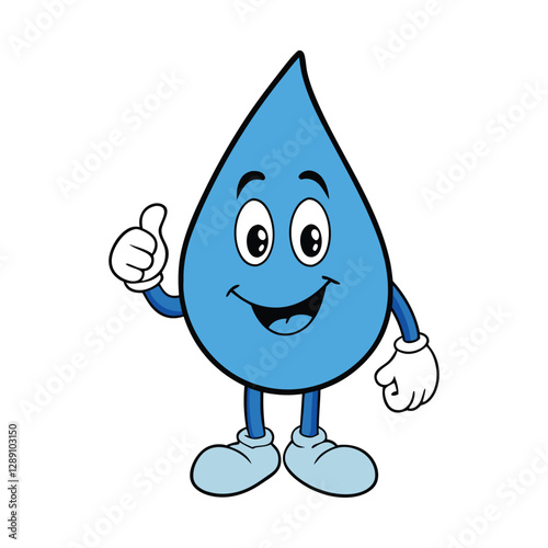 A cheerful cartoon water drop with big, shiny eyes and a wide smile gives a thumbs-up, radiating positivity and freshness. Its smooth, blue body glistens like pure water.