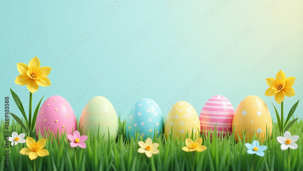 Fototapeta premium neural network generates colorful artificial easter eggs green grass alongside fake narcissus flowers realistic ai