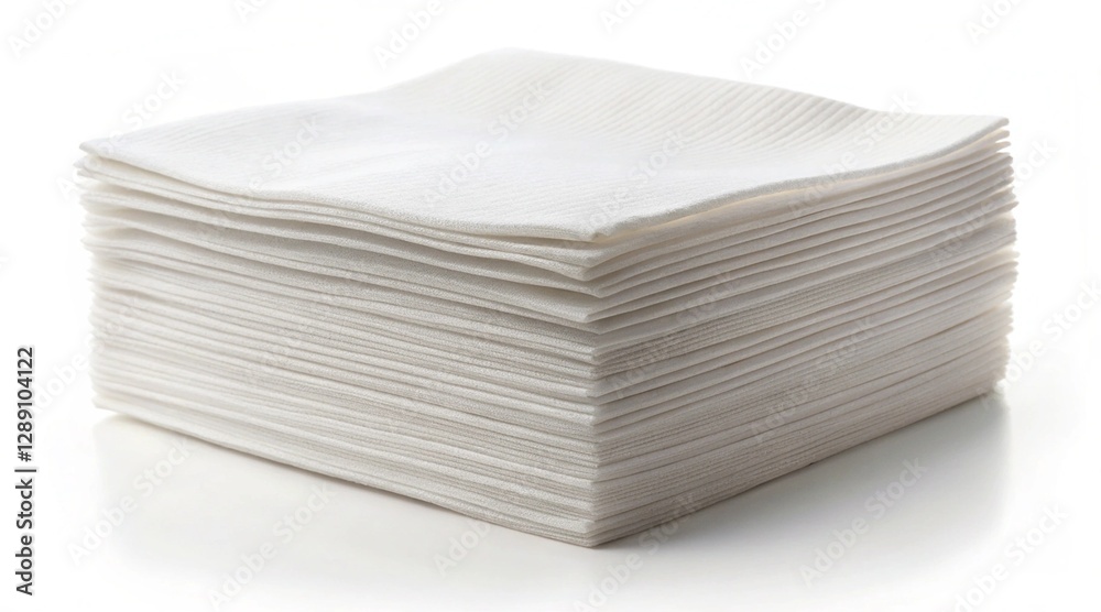 A stack of white paper napkins isolated on a white background, Commonly used for dining or cleaning purposes A stack of white paper napkins isolated on a white background, Commonly used for dining or cleaning purposes