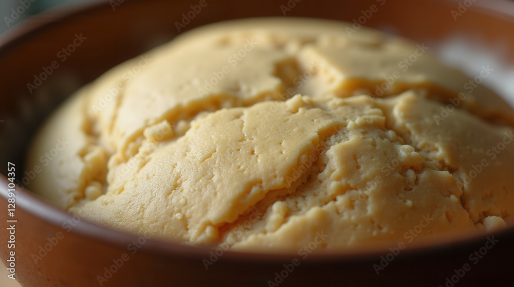Freshly kneaded dough rising in a bowl, showing its airy texture and fermentation process for baking bread or pizza. Freshly kneaded dough rising in a bowl, showing its airy texture and fermentation process for baking bread or pizza.