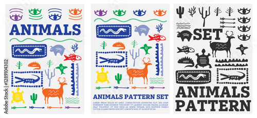 Retro hand drawn tropical animals shape set. Jungle nature illustration collection. Vintage exotic clip art of palm tree, tiger and flower vector set