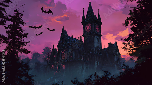 Spooky gothic mansion with clock tower and bats. Gothic Clocktower at Dusk. Illustration photo