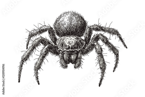 Antique style hand-drawn spider illustration, vintage wildlife art, rodent vector, aquatic animal, black sketch effect, print design, trendy engraving, white background, vector art, aquatic design.