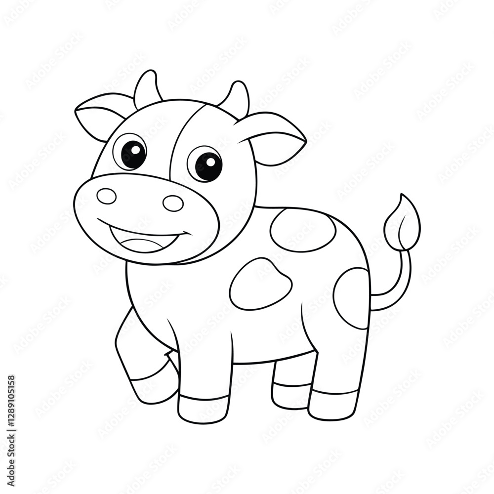 Fototapeta premium Cute cow cartoon coloring page featuring a happy cow with big eyes, a round body, and playful spots. Perfect for kids to color and enjoy farm animal fun!