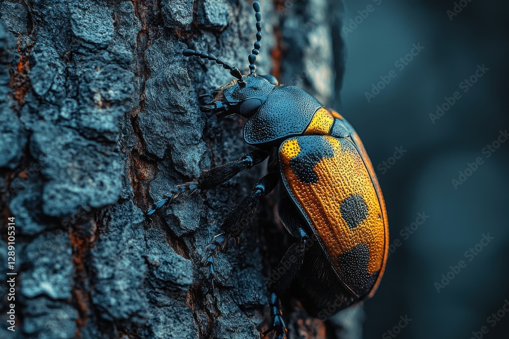 Close-up of a vibrant beetle on tree bark. Intricate details and striking colors showcased in this nature photograph. Close-up of a vibrant beetle on tree bark. Intricate details and striking colors showcased in this nature photograph.