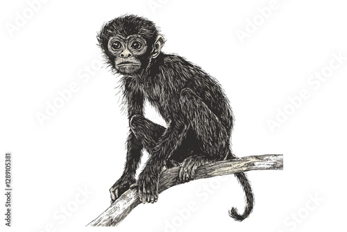 Hand-drawn spider monkey wall decor, vintage art, black sketch effect, wildlife illustration, animal art, old engraving style, trendy, white background.