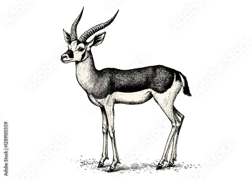 Vintage art springbok illustration, black sketch effect, aquatic animal vector, wildlife antique style, rodent print design, trendy white background.