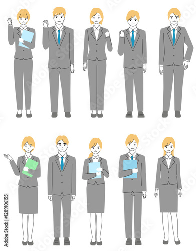 若いビジネスマンとビジネスウーマンの全身イラストセット