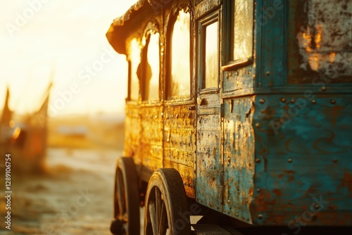 Abandoned train car parked by the roadside photo