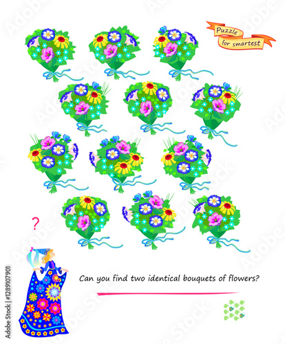 Logic puzzle for children and adults. Can you find two identical bouquets of flowers? Game Seek and Find. Page for kids brain teaser book. Task for attentiveness. IQ test. Play online. Vector image.