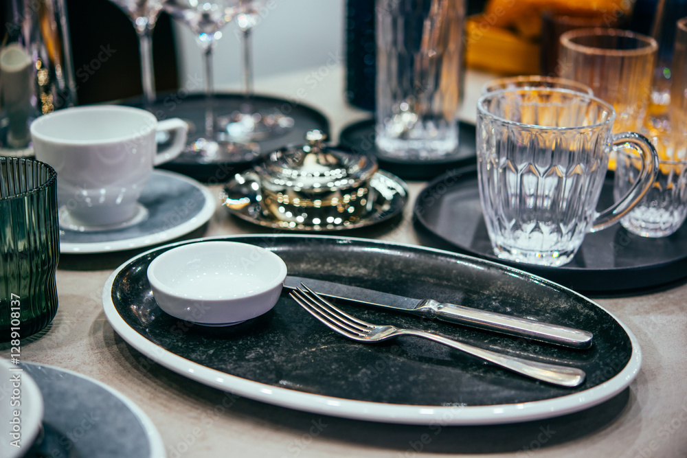 Different plates and dinnerware on sale for a restaurant of hotel business.