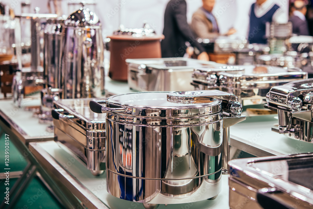 Professional chafing dishes for the luxury banquet in a restaurant or hotel.