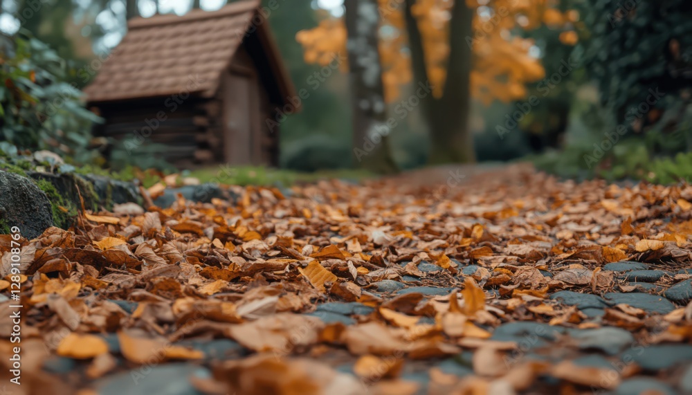 Fototapeta premium Autumn leaves cover a stone path leading to a small wooden cabin in a park. Warm, earthy tones dominate the image, creating a serene atmosphere