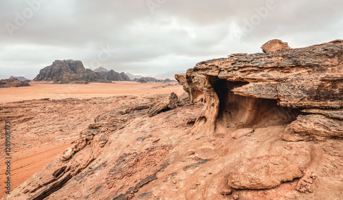 Rocky desert Mars like landscape in Wadi Rum, overcast morning photo