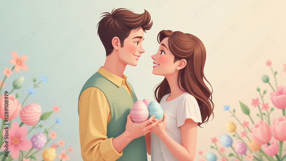 young couple holds painted holiday eggs pastel background romantic easter theme spring young couple holds painted holiday eggs pastel background romantic easter theme spring