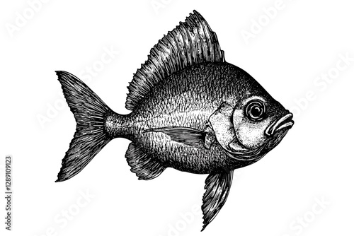Hand-drawn illustration of sunfish, vintage aquatic animal art, black sketch effect, retro print design, ocean wildlife, rodent, aquatic creatures, antique engraving style.