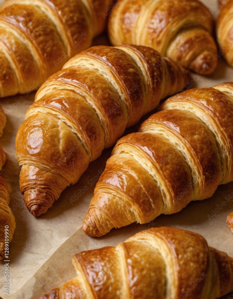 Photorealistic macro of a fresh croissant with golden layers Photorealistic macro of a fresh croissant with golden layers