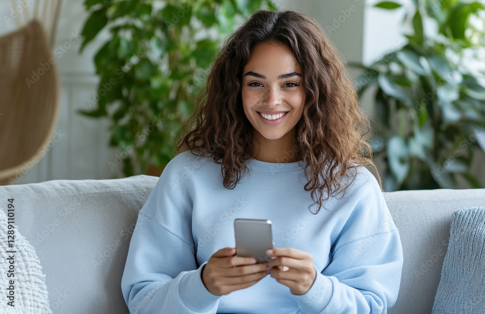 Young Woman Smiling While Using Her Smartphone at Home Young Woman Smiling While Using Her Smartphone at Home