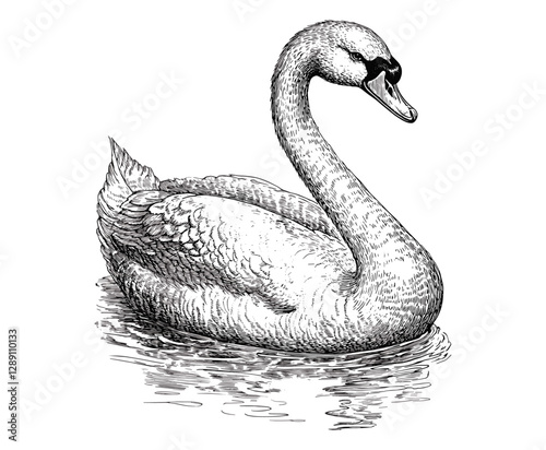 Trendy swan design in black sketch effect, hand-drawn vintage illustration, old engraving style on white background, artistic bird art, wildlife-inspired print, nature artwork.