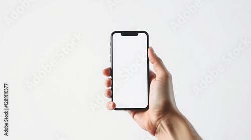 Wallpaper Mural Close-up of a woman's hand holding a modern smartphone with a blank screen, perfect for mockups, isolated on a white background. Minimalist concept for technology, business, and digital design. Torontodigital.ca