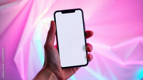 Wallpaper Mural Hand holding a smartphone with a blank screen against a pink and red background , against a backdrop of colorful lights Torontodigital.ca