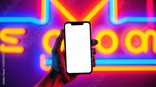 Wallpaper Mural Hand holding a smartphone with a blank screen against a pink and red background , against a backdrop of colorful lights Torontodigital.ca