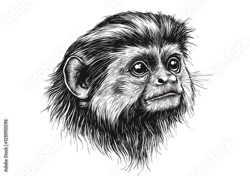 Wildlife illustration of a tamarin, black sketch in vintage engraving style, trendy wall decor on white, animal art design for modern interiors.