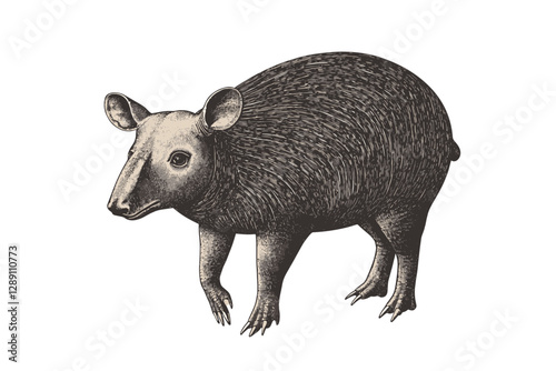 Antique style hand-drawn tapir illustration, black sketch effect, vintage wildlife vector, aquatic animal print design, rodent, nature art, retro, wildlife illustration.