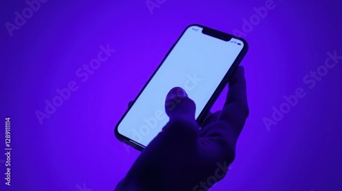 Wallpaper Mural Man holding smartphone with pink screen on public transportation with blue and pink neon lights. Mockup. Smartphone in neon Torontodigital.ca