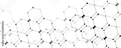 Abstract design element with a geometric background of hexagons shape pattern. Abstract black connecting hexagons with arrows and dots. Plexus of lines medical, chemistry, molecule particles vector