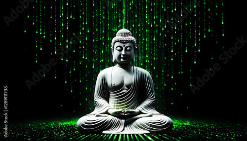 white color buddha in a meditation pose at a black background with a green color matrix rain. 