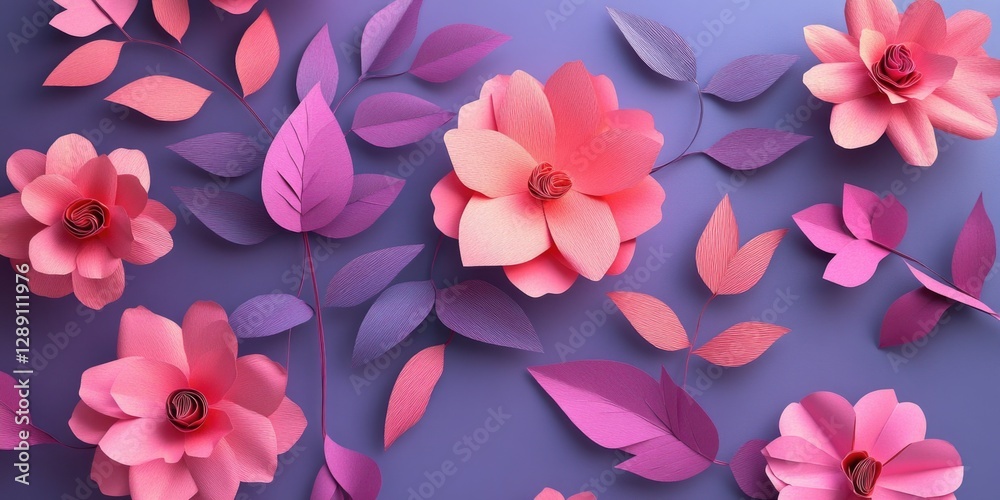 A collection of colorful paper flowers arranged on a blue background A collection of colorful paper flowers arranged on a blue background
