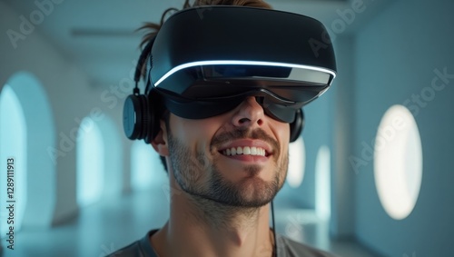 Wallpaper Mural Smiling Man Wearing Futuristic VR Headset and Headphones in a Modern Interior – Immersive Virtual Reality Experience Torontodigital.ca