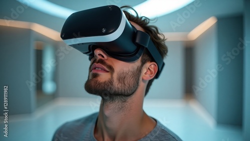 Wallpaper Mural Smiling Man Wearing Futuristic VR Headset and Headphones in a Modern Interior – Immersive Virtual Reality Experience Torontodigital.ca