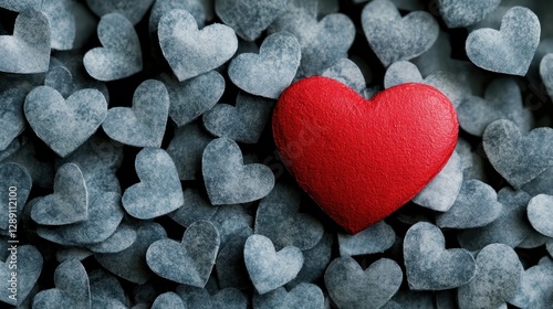 A vibrant red heart stands out amidst a sea of gray decorative hearts, symbolizing love and affection.