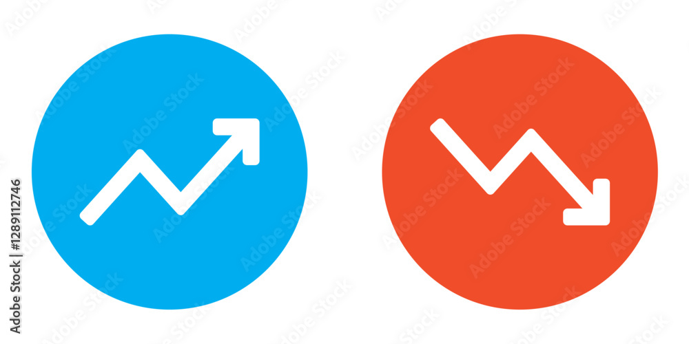 The graph goes up and down, with the with sign in the blue and red circle. Flat design. Arrow symbol. Economy, business, finance, stocks, and income chart symbols. EPS 10. Vector illustrations The graph goes up and down, with the with sign in the blue and red circle. Flat design. Arrow symbol. Economy, business, finance, stocks, and income chart symbols. EPS 10. Vector illustrations