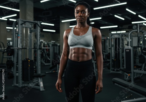 An African woman stands confidently at the gym, showcasing her strength, power, and dedication to fitness. Perfect for health, empowerment, and lifestyle themes.