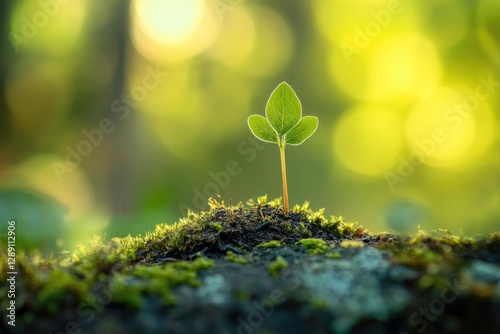 A small plant grows out of moss on a rock, perfect for nature or greenery-themed designs