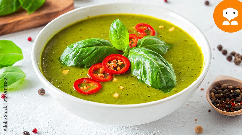 traditional Thai green curry in a white bowl, garnished with basil leaves and sliced red chili, isolated on white. green curry, basil, red chili, Thai food, traditional, bowl, isolated, spicy, traditional Thai green curry in a white bowl, garnished with basil leaves and sliced red chili, isolated on white. green curry, basil, red chili, Thai food, traditional, bowl, isolated, spicy,
