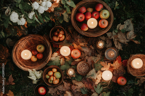 A cozy Mabon altar adorned with autumn leaves, ripe apples, harvest baskets, and candles in earthy tones, symbolizing gratitude for the season's bounty. witch, witchcraft, wicca, sabbat